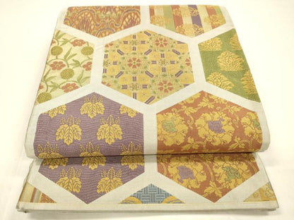 平和屋着物●六通柄袋帯　名物裂　亀甲更紗花文　正絹　逸品　DAAZ4434cm