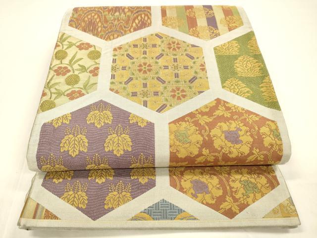 平和屋着物●六通柄袋帯　名物裂　亀甲更紗花文　正絹　逸品　DAAZ4434cm