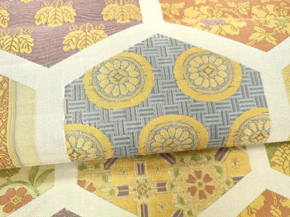 平和屋着物●六通柄袋帯　名物裂　亀甲更紗花文　正絹　逸品　DAAZ4434cm