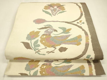 平和屋着物●六通柄袋帯 ふくれ織 花鳥文 正絹 逸品 DAAZ4436cm