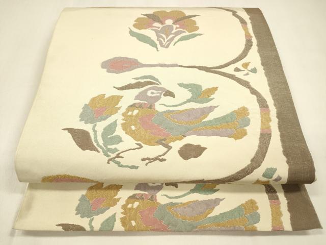 平和屋着物●六通柄袋帯 ふくれ織 花鳥文 正絹 逸品 DAAZ4436cm