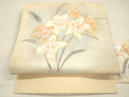 平和屋着物●九寸名古屋帯　作家物　草花文　金銀彩　正絹　逸品　DAAZ4443cm