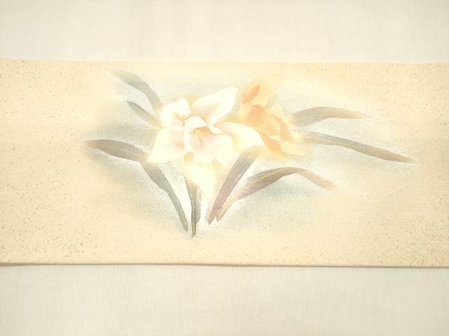 平和屋着物●九寸名古屋帯　作家物　草花文　金銀彩　正絹　逸品　DAAZ4443cm