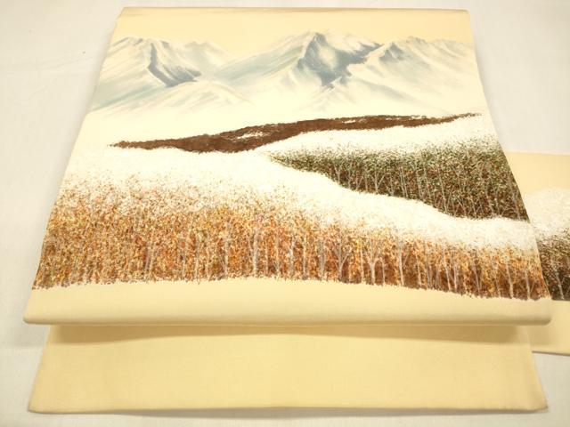 平和屋着物●塩瀬 九寸名古屋帯 手描き 風景文 正絹 逸品 DAAZ4464cm