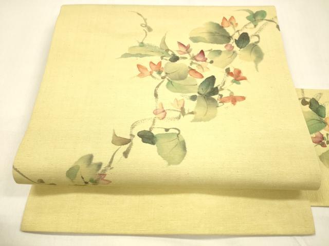 平和屋着物●九寸名古屋帯　手描き　紬地　蔦の葉花文　正絹　逸品　DAAZ4472cm