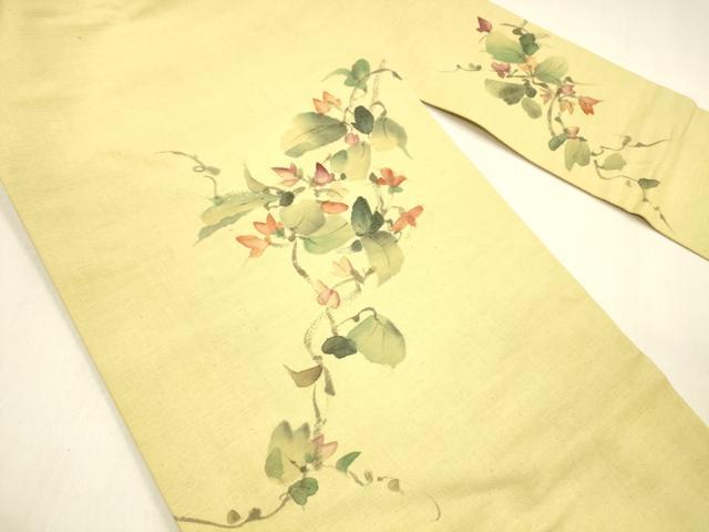 平和屋着物●九寸名古屋帯　手描き　紬地　蔦の葉花文　正絹　逸品　DAAZ4472cm