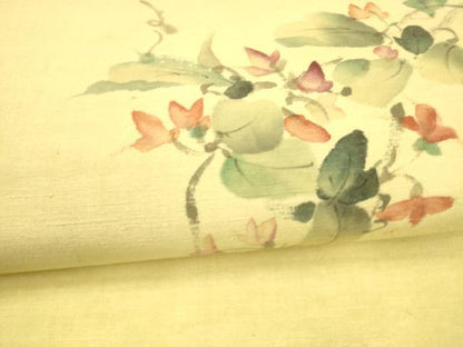 平和屋着物●九寸名古屋帯　手描き　紬地　蔦の葉花文　正絹　逸品　DAAZ4472cm