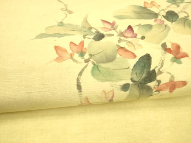 平和屋着物●九寸名古屋帯　手描き　紬地　蔦の葉花文　正絹　逸品　DAAZ4472cm