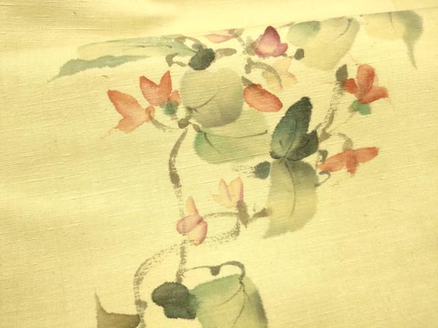 平和屋着物●九寸名古屋帯　手描き　紬地　蔦の葉花文　正絹　逸品　DAAZ4472cm