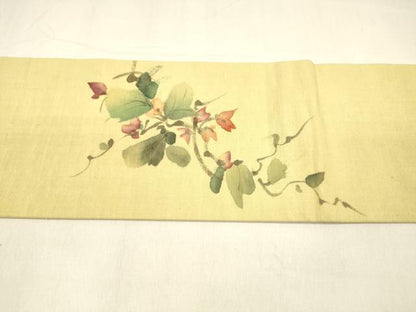 平和屋着物●九寸名古屋帯　手描き　紬地　蔦の葉花文　正絹　逸品　DAAZ4472cm