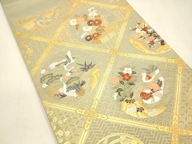 平和屋着物●綴れ 六通柄袋帯 唐織 鴛鴦流水群鶴花松文 金糸 正絹 逸品 DAAZ4476cm