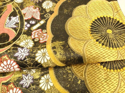 平和屋着物●六通柄袋帯 唐織 宝尽くし笹の葉雪輪花文 黒地 金銀糸 引箔 正絹 逸品 DAAZ4487cm