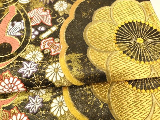 平和屋着物●六通柄袋帯 唐織 宝尽くし笹の葉雪輪花文 黒地 金銀糸 引箔 正絹 逸品 DAAZ4487cm
