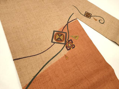 平和屋着物●九寸名古屋帯 紬地 総刺繍 抽象文様 正絹 逸品 DAAZ4500cm