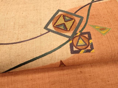 平和屋着物●九寸名古屋帯 紬地 総刺繍 抽象文様 正絹 逸品 DAAZ4500cm