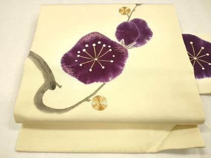 平和屋着物●塩瀬 九寸名古屋帯 手描き 駒刺繍 枝梅文 金銀彩 正絹 逸品 DAAZ4510cm