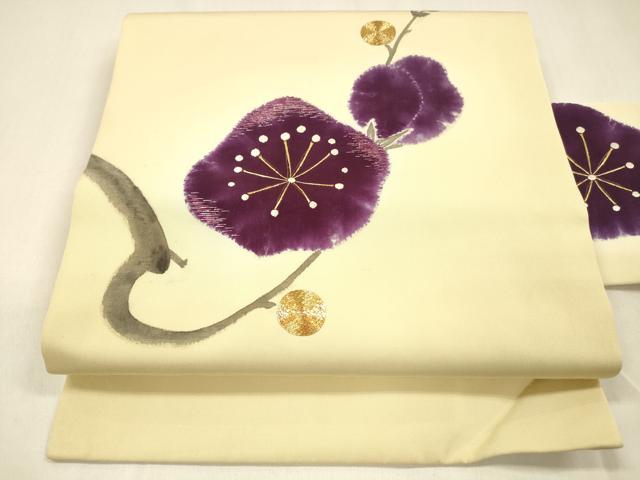 平和屋着物●塩瀬 九寸名古屋帯 手描き 駒刺繍 枝梅文 金銀彩 正絹 逸品 DAAZ4510cm