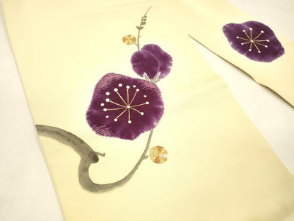 平和屋着物●塩瀬 九寸名古屋帯 手描き 駒刺繍 枝梅文 金銀彩 正絹 逸品 DAAZ4510cm