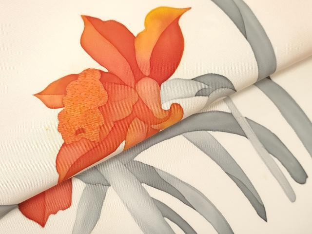 平和屋着物▼塩瀬　名古屋帯　帯反物　刺繍　草花文　暈し染め　逸品　未使用　DAAZ4733we