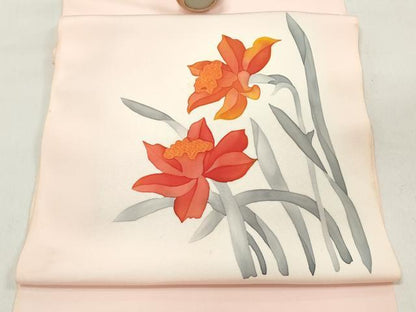 平和屋着物▼塩瀬　名古屋帯　帯反物　刺繍　草花文　暈し染め　逸品　未使用　DAAZ4733we