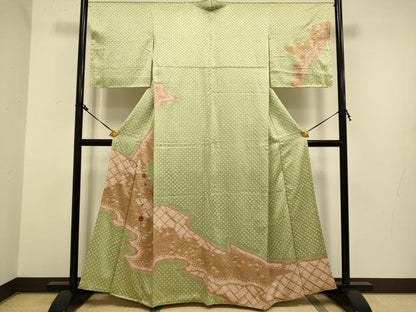 平和屋着物●訪問着 駒刺繍 絞り 扇枝花文 金彩 正絹 逸品 DAAZ5080du