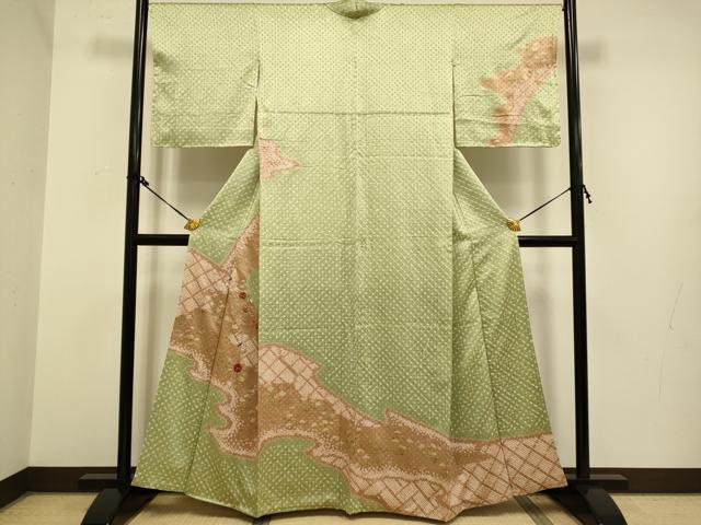 平和屋着物●訪問着 駒刺繍 絞り 扇枝花文 金彩 正絹 逸品 DAAZ5080du