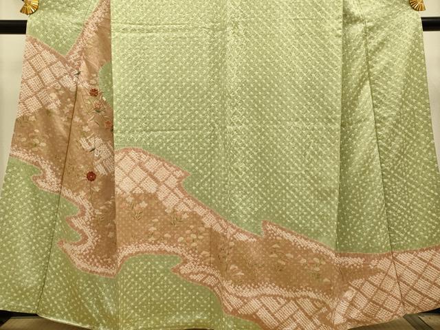 平和屋着物●訪問着 駒刺繍 絞り 扇枝花文 金彩 正絹 逸品 DAAZ5080du