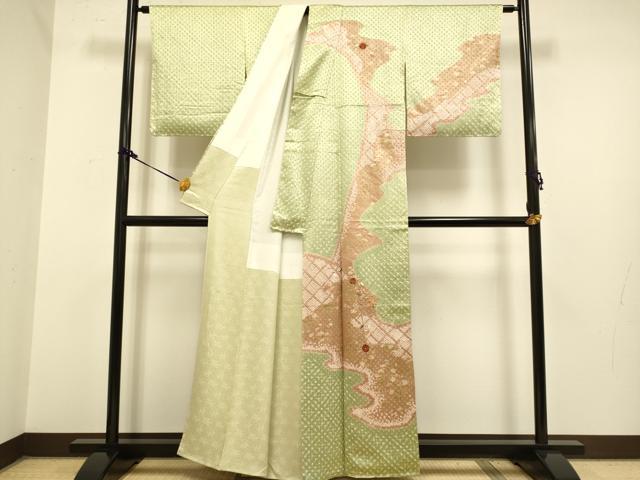 平和屋着物●訪問着 駒刺繍 絞り 扇枝花文 金彩 正絹 逸品 DAAZ5080du