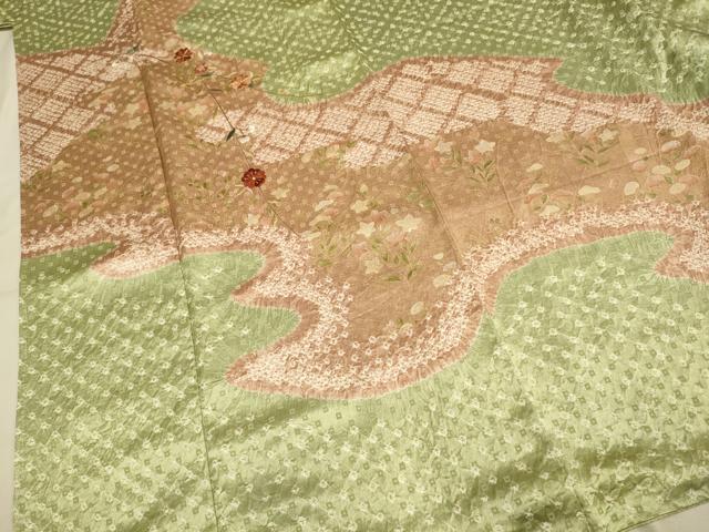 平和屋着物●訪問着 駒刺繍 絞り 扇枝花文 金彩 正絹 逸品 DAAZ5080du