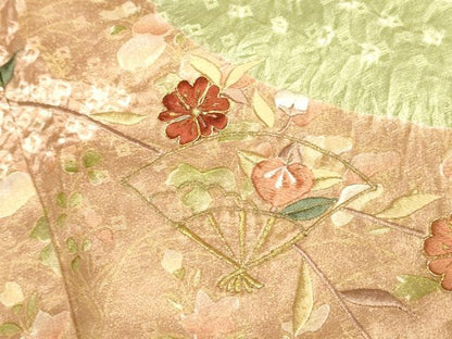 平和屋着物●訪問着 駒刺繍 絞り 扇枝花文 金彩 正絹 逸品 DAAZ5080du