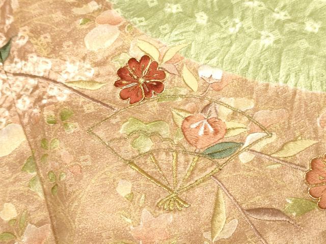 平和屋着物●訪問着 駒刺繍 絞り 扇枝花文 金彩 正絹 逸品 DAAZ5080du