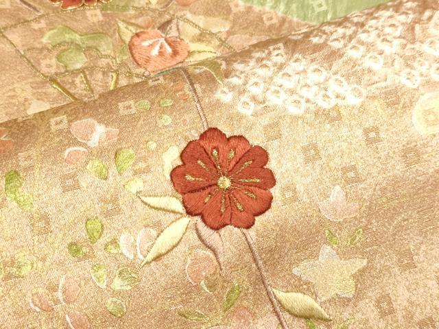 平和屋着物●訪問着 駒刺繍 絞り 扇枝花文 金彩 正絹 逸品 DAAZ5080du