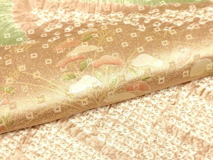 平和屋着物●訪問着 駒刺繍 絞り 扇枝花文 金彩 正絹 逸品 DAAZ5080du