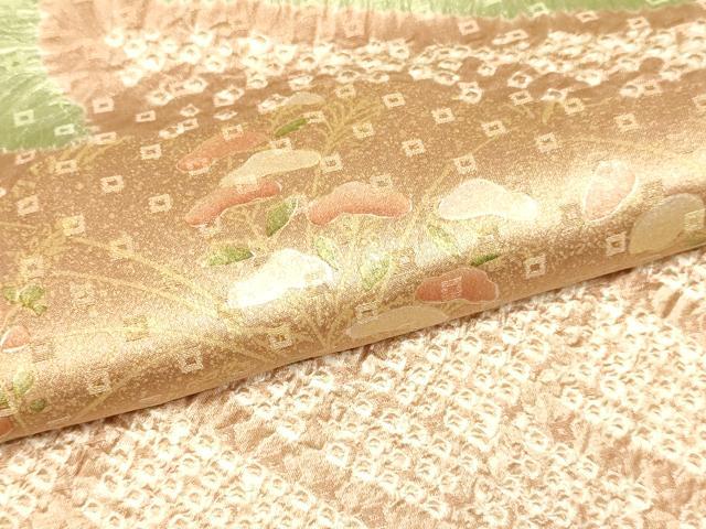 平和屋着物●訪問着 駒刺繍 絞り 扇枝花文 金彩 正絹 逸品 DAAZ5080du