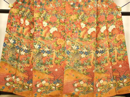 平和屋着物▼訪問着　孔雀花文　鬼しぼ縮緬　正絹　逸品　DAAZ5188du