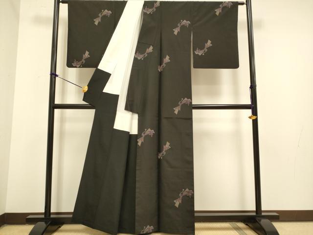 平和屋着物●上質な紬　短冊吉祥文　黒地　正絹　逸品　DAAZ5248du