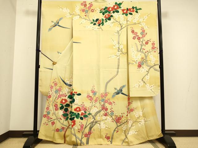 平和屋着物●豪華振袖　友禅　作家物　枝梅に休み鳥　椿　暈し染め　正絹　逸品　DAAZ5252du