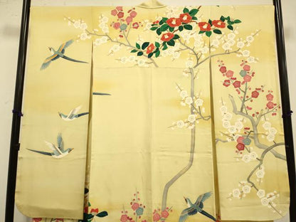 平和屋着物●豪華振袖　友禅　作家物　枝梅に休み鳥　椿　暈し染め　正絹　逸品　DAAZ5252du