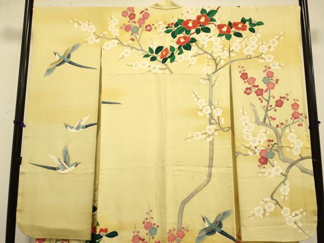 平和屋着物●豪華振袖　友禅　作家物　枝梅に休み鳥　椿　暈し染め　正絹　逸品　DAAZ5252du