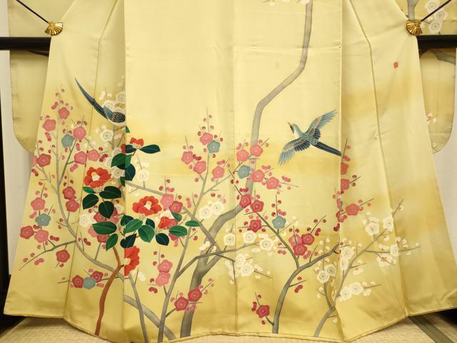 平和屋着物●豪華振袖　友禅　作家物　枝梅に休み鳥　椿　暈し染め　正絹　逸品　DAAZ5252du