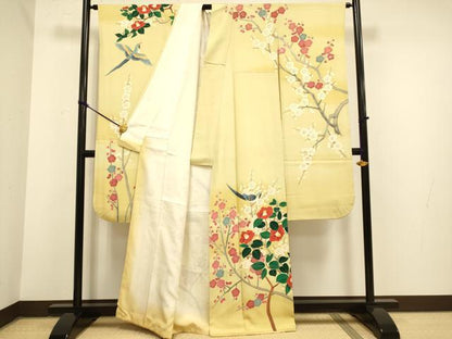 平和屋着物●豪華振袖　友禅　作家物　枝梅に休み鳥　椿　暈し染め　正絹　逸品　DAAZ5252du