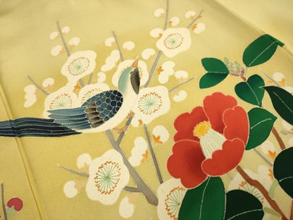 平和屋着物●豪華振袖　友禅　作家物　枝梅に休み鳥　椿　暈し染め　正絹　逸品　DAAZ5252du