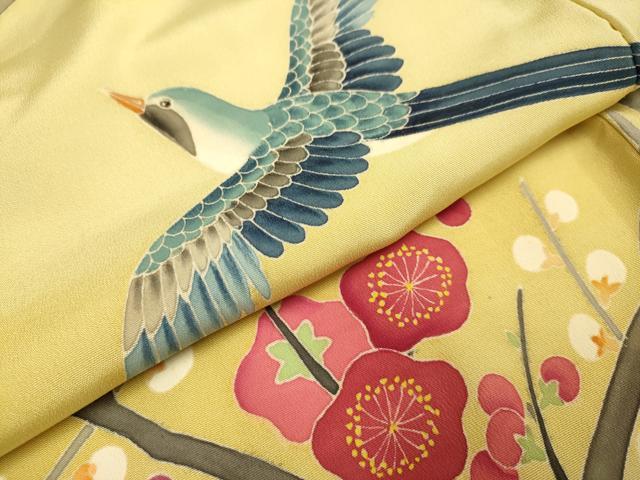 平和屋着物●豪華振袖　友禅　作家物　枝梅に休み鳥　椿　暈し染め　正絹　逸品　DAAZ5252du