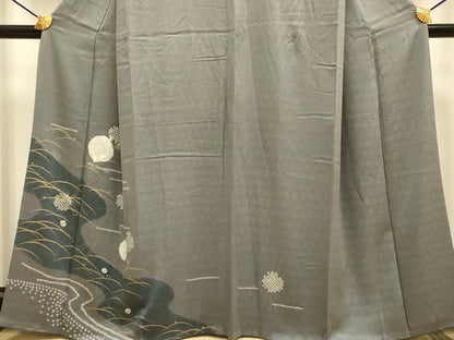 平和屋着物●訪問着　絞り　刺繍　露芝千鳥文　金彩　正絹　逸品　DAAZ5260du