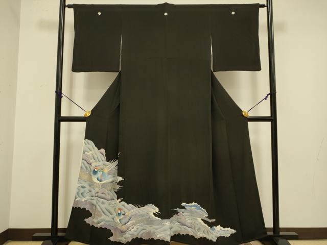 平和屋着物▼豪華黒留袖　刺繍　立波尾長鳥文　金銀彩　正絹　逸品　DAAZ5477du