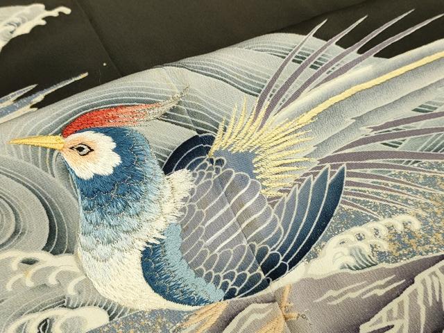 平和屋着物▼豪華黒留袖　刺繍　立波尾長鳥文　金銀彩　正絹　逸品　DAAZ5477du