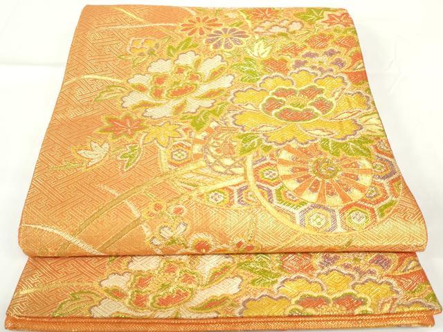 平和屋着物◎佐賀錦　六通柄袋帯　花車　牡丹　菊　金糸　正絹　逸品　DAAZ5528ea
