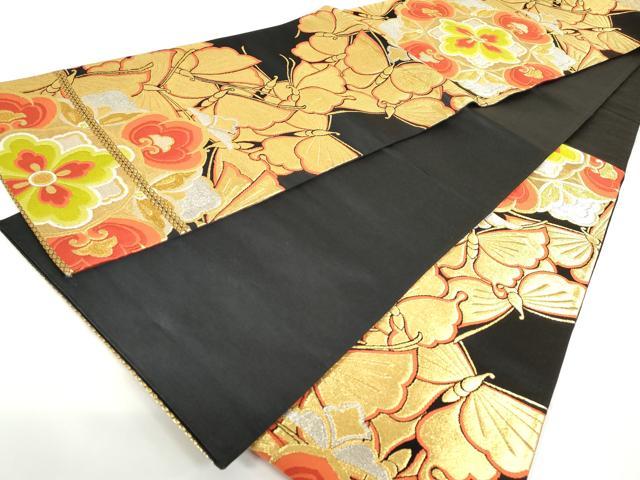 平和屋着物◎六通柄袋帯 唐織 正倉院花蝶文 黒地 金銀糸 正絹 逸品 DAAZ5535ea
