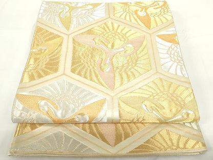 平和屋着物◎六通柄袋帯 向かい鶴亀甲文 金銀糸 正絹 逸品 DAAZ5539ea