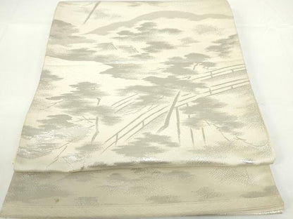 平和屋着物◎六通柄袋帯　渡橋風景文　銀糸　正絹　逸品　DAAZ5554ea